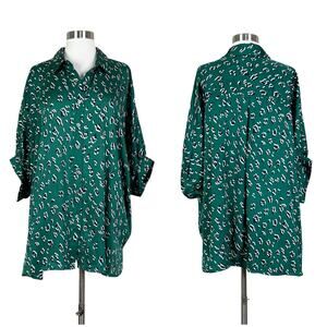 Entro | Leopard Print Emerald Green Oversized Short Sleeve Button Blouse Top M/L